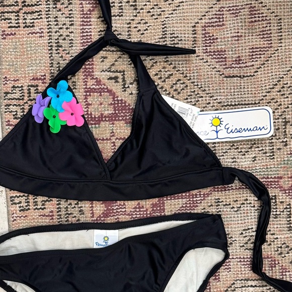 NWT Florence Eiseman Black Swim Suit Bikini Girl’s Bathing Embellished Flower - Picture 8 of 8